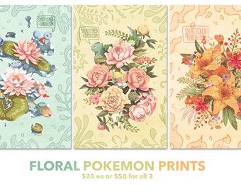 Floral Pokemon Prints - Water Pokemon, Grass Pokemon, Fire Pokemon, Squirtle Bulbasaur Charmander