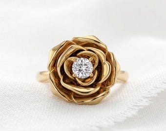 Rose Diamond Ring, 14K Gold Flower Engagement, Anniversary Gift