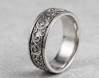 Elder Scrolls Ring ,Engraved Silver Ring,Gothic Filigree Band, Medieval Style Wedding Ring for Him, Antique Scroll Jewelry