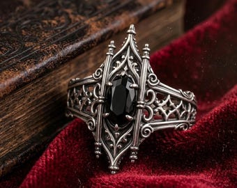 cathedral ring, Black Onyx Ring, Medieval Fantasy Jewelry, Silver Plated Brass Ring, Gothic Statement Ring, Witchy Jewelry Gift