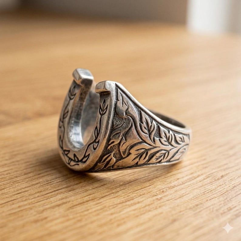 May include: A silver-toned metal ring shaped like a horseshoe. The outer surface of the ring features intricate, engraved leaf and vine patterns that wrap around the sides, with a polished finish and darkened recessed areas to highlight the details.