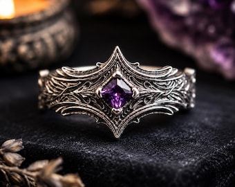 crown ring, amethyst ring, Gothic Amethyst Crown Ring, Vampire Queen Jewelry, Dark Academia Witch Ring, Purple Crystal Fantasy Gift for Her
