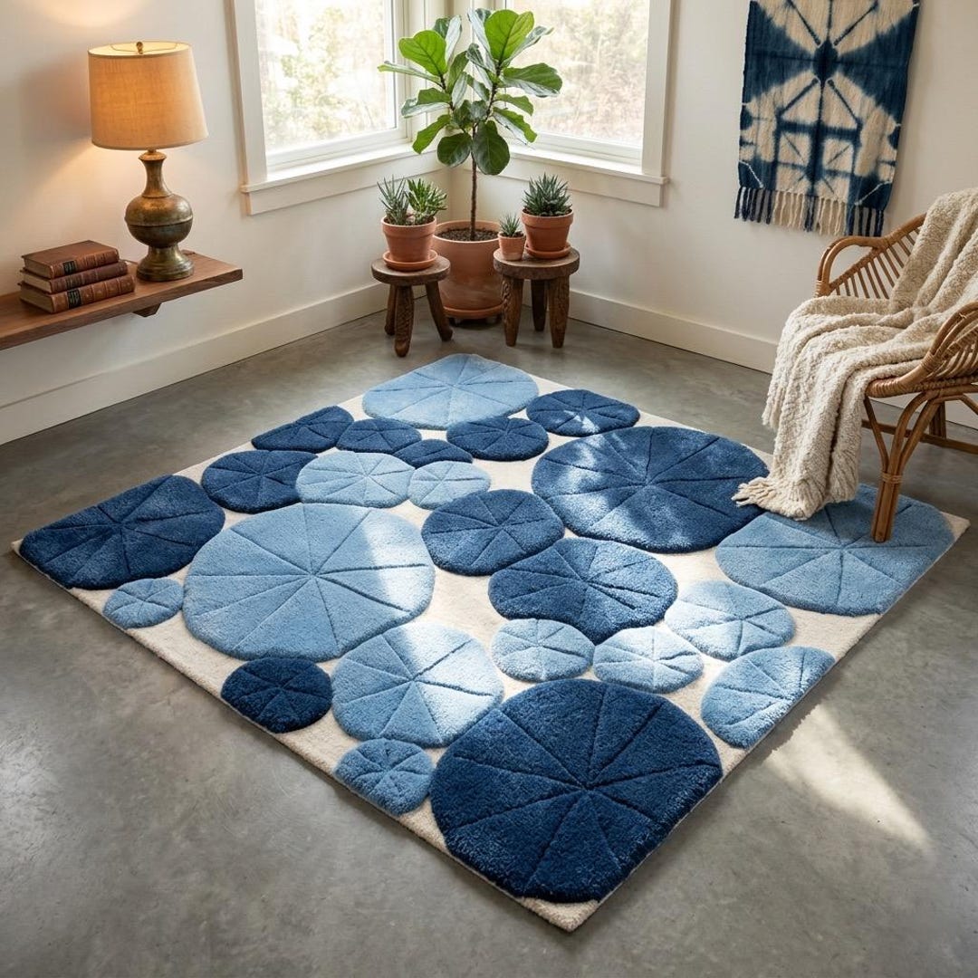 Blue Abstract Pebble Rug, Modern Geometric Area Rug, 3D Textured Carpet ...