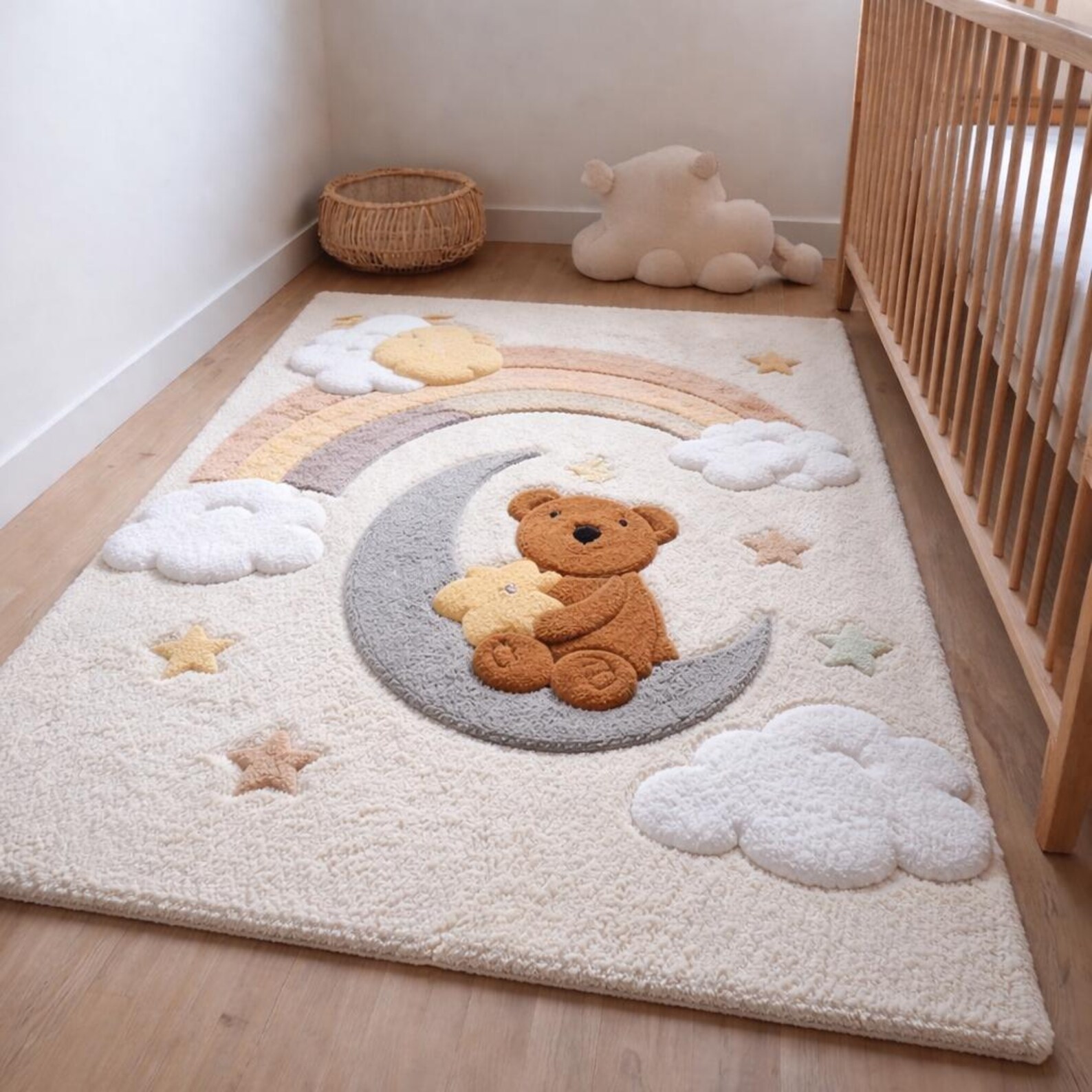 Hand-tufted Teddy Bear Moon Rainbow Nursery Rug – Soft Wool Playroom ...