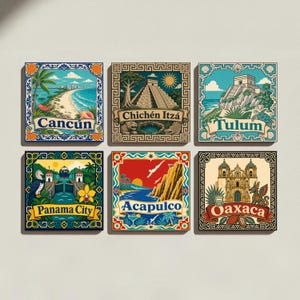 May include: A set of six square decorative tiles featuring colourful illustrations of Mexican and Panamanian landmarks. The tiles display the text Cancún, Chichén Itzá, Tulum, Panama City, Acapulco, and Oaxaca, each framed by intricate, ornate borders.