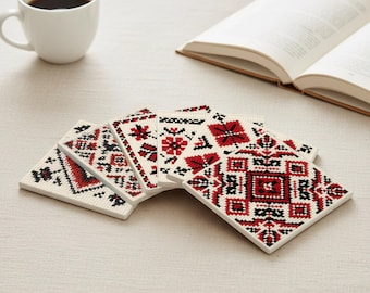 Ukrainian Embroidery Ceramic Coaster Set – Folk Pattern Tile Coasters Inspired by Traditional Vyshyvanka