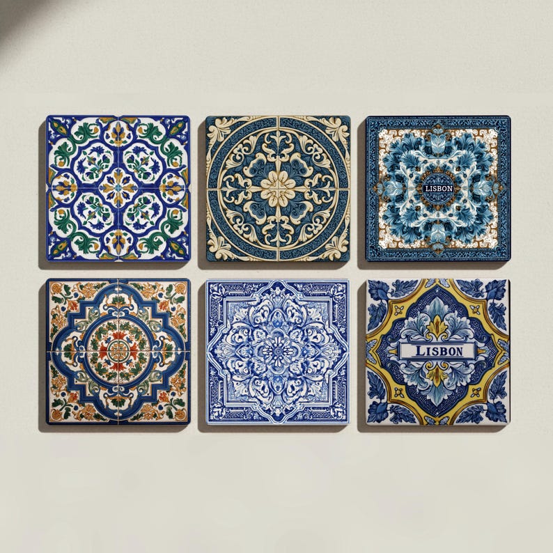 Close-up of Lisbon-inspired ceramic coaster featuring intricate azulejo tilework and historic motifs