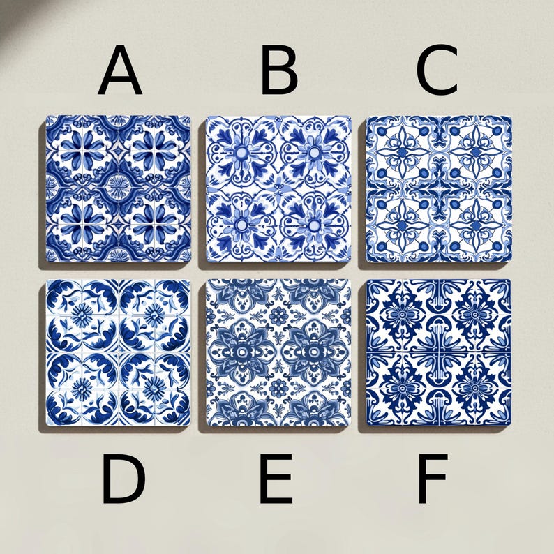 May include: Six square ceramic tiles with intricate blue and white floral patterns. Each tile features a unique design, with variations in the arrangement of flowers and geometric shapes. The tiles are arranged in two rows of three, labeled A through F.