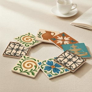 May include: A collection of decorative ceramic coasters with various designs. The coasters feature images of a fountain, a vase, floral patterns, and scrollwork in shades of blue, brown, green, and cream. The coasters are arranged in a circular pattern on a neutral surface.
