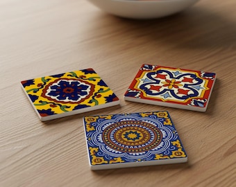 Mexican Talavera Ceramic Coaster Set – Puebla Tile Coasters for Table Decor & Home Styling