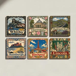 May include: A set of six square decorative tiles featuring colorful illustrations of British landmarks. The tiles are labeled Whitby, Harrogate, Hadrian's Wall, Bamburgh, Blackpool, and Lincoln, each framed with intricate, ornate, and colorful borders.