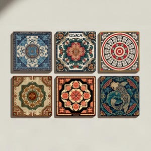 May include: Six square decorative tiles with intricate floral and geometric designs. The tiles feature a variety of colors, including blue, red, gold, and black. Some tiles have the word "OSAKA" printed on them. The tiles are arranged in a 2x3 grid.