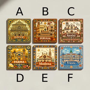 May include: Six square decorative magnets featuring Italian city landmarks. Each magnet has a detailed illustration of a building with the city name below. The magnets are in a variety of colors, including yellow, orange, and blue.