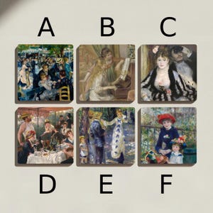 May include: Six square coasters featuring famous impressionist paintings. The coasters depict scenes of people in various settings, including outdoor gatherings and musical performances. Each coaster has a different painting.