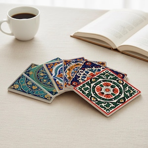 Può includere: Un set di sei sottobicchieri quadrati in ceramica con intricati motivi floreali e geometrici nei toni del blu, verde, arancione e rosso. I sottobicchieri sono disposti su una superficie neutra, con una tazza di caffè bianca e un libro aperto sullo sfondo.