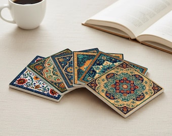 Qajar Ceramic Tile Coasters – Persian Floral Medallion Design