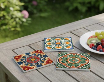 Mediterranean Ceramic Tile Coasters – Floral Southern European Decor