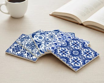 Portuguese Blue Azulejo Ceramic Coaster Set – Classic Tile Coasters for Table Decor & Home Decor