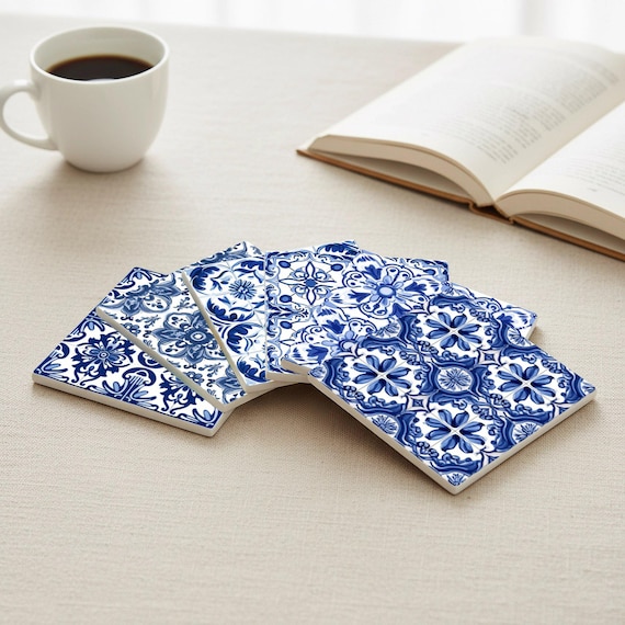 Portuguese Blue Azulejo Ceramic Coaster Set – Classic Tile Coasters for Table Decor & Home Decor
