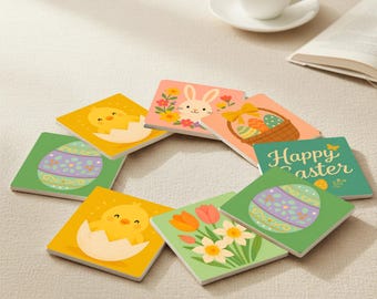 Easter Ceramic Coaster Set – Spring Pastel Illustrations, Table Decor