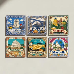 May include: A set of six square decorative tiles featuring colorful illustrations of Lisbon, Porto, Sintra, Menorca, Fuerteventura, and Marbella. Each tile displays iconic landmarks, local symbols, and the city name in a distinct, ornate border design.