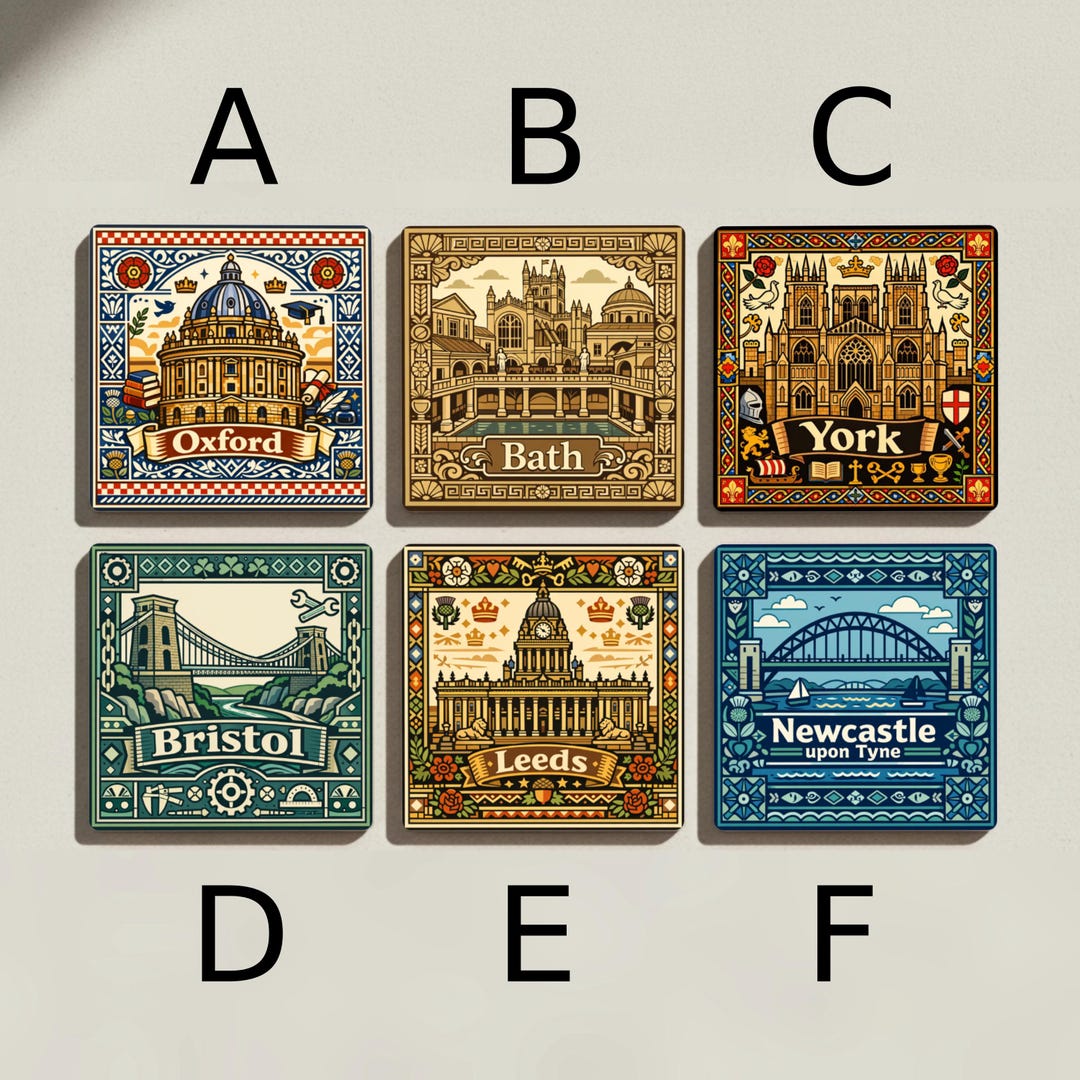 UK Ceramic Coasters Set – Oxford Bath York Bristol Leeds Newcastle Tile ...