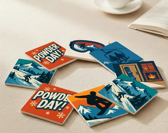 Snowboard Tile Coasters with Mountain Illustrations for Table Decor
