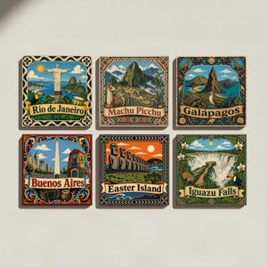 May include: A set of six square decorative tiles featuring colorful illustrations of South American landmarks including Rio de Janeiro, Machu Picchu, Galapagos, Buenos Aires, Easter Island, and Iguazu Falls, each with ornate borders and text labels.