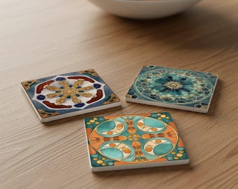 Gaudí Barcelona Ceramic Coaster Set – Modernisme Tile Coasters with Trencadís & Cuerda Seca Patterns