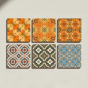 May include: A set of six square tiles arranged in two rows of three. Each tile features a distinct geometric pattern in various color palettes, including shades of orange, yellow, green, grey, black, white, and blue with intricate floral motifs.