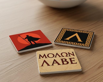 Spartan Ceramic Coasters Set | Ancient Greece Tile Coasters | Warrior Lambda Gift | Greek History Decor