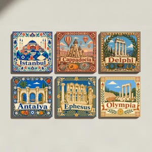 Op de afbeelding: Een set van zes vierkante decoratieve tegels met kleurrijke illustraties van historische bezienswaardigheden, gelabeld Istanbul, Cappadocië, Delphi, Antalya, Efeze en Olympia. Elke tegel toont ingewikkelde randen en iconische architecturale motieven.