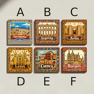 May include: Six square magnets with colorful illustrations of Spanish landmarks. Each magnet features a different city name: Tarragona, Segovia, Ávila, León, Cuenca, and Burgos. The magnets have decorative borders and are arranged in a grid.
