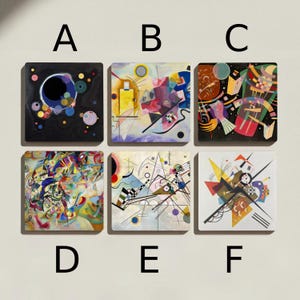 May include: Six square abstract art prints, each with a unique design. The artworks feature a variety of shapes, colors, and patterns, including circles, lines, and geometric forms. The color palettes range from dark to vibrant, with a mix of primary and secondary colors.
