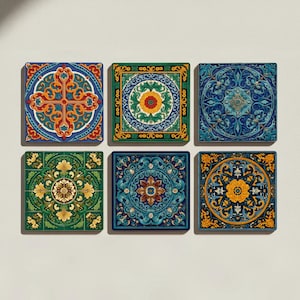 May include: Six square decorative tiles with intricate, colourful patterns. Each tile features a unique design with floral and geometric elements in shades of blue, green, orange, and yellow. The tiles are arranged in a grid, showcasing their decorative potential.