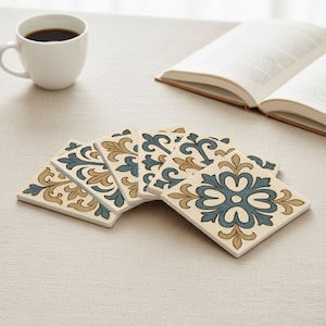 May include: A set of six square ceramic coasters with a cream background and a repeating blue and tan floral design. A white coffee mug with black coffee and an open book are in the background.