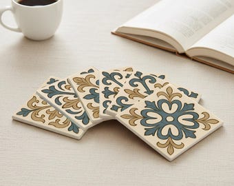 Mediterranean Ceramic Coaster Set | Ornamental Tile Coasters for Table Decor, Coffee Tables & Elegant Homes