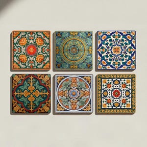 May include: Six square decorative tiles with intricate floral and geometric patterns. The tiles feature a variety of colors, including orange, green, blue, and yellow, with detailed designs reminiscent of vintage art.