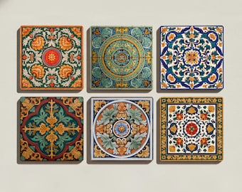 Italian Ceramic Tile Coasters – Mediterranean Baroque Floral Ornaments Inspired by Classic Italian Ceramics