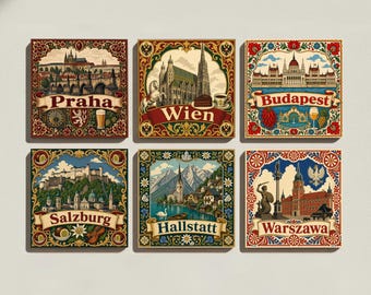 Juego de posavasos de cerámica de Europa Central – Praga, Viena, Budapest, Salzburgo, Hallstatt, Varsovia. Posavasos de azulejos, juego de regalo de viaje.