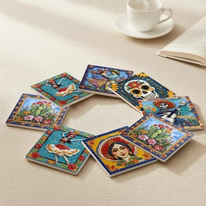 Pode incluir: Um conjunto de bases para copos quadradas de cerâmica com designs coloridos do Dia dos Mortos. Cada base apresenta uma ilustração única, incluindo esqueletos dançando, padrões florais e retratos, com uma borda azul.