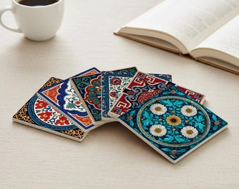 Persian Tile Coasters – Safavid Floral Medallion Design