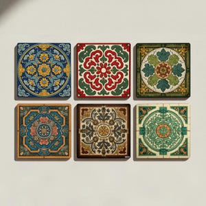 May include: Six square decorative tiles with intricate floral and geometric designs. The tiles feature a variety of colors, including blue, yellow, red, green, and brown. Each tile has a unique pattern, creating a visually appealing set.