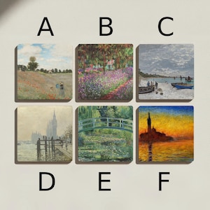 Könnte beinhalten: Sechs quadratische Kunstdrucke mit impressionistischen Landschaftsgemälden. Die Drucke zeigen Szenen von Feldern, Gärten, Seerosen und Küstenansichten. Jeder Druck hat eine andere Farbpalette, darunter Blau-, Grün- und Gelbtöne.