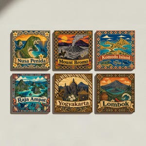 May include: A set of six square decorative tiles featuring colourful illustrations of Indonesian landmarks including Nusa Penida, Mount Bromo, Komodo Island, Raja Ampat, Yogyakarta, and Lombok, each framed by intricate patterns and labelled with text.