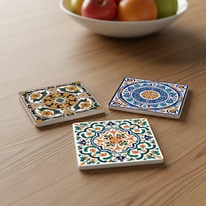 Mediterranean Tile Ceramic Coasters | Azulejo Style Coaster Set | Spanish Portuguese Home Decor