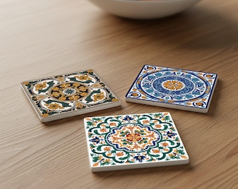 Mediterranean Tile Ceramic Coasters | Azulejo Style Coaster Set | Spanish Portuguese Home Decor