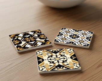 Art Deco Coasters - Black, White & Gold Geometric Ceramic Tile