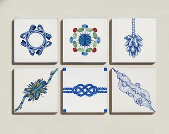 Lot de 6 dessous de verre en céramique style méditerranéen - Motifs nautiques corde et coquillage, bleu et blanc, cadeau de pendaison de crémaillère