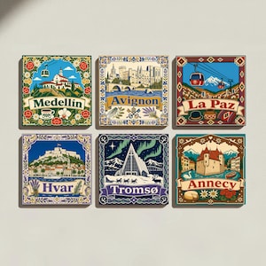 May include: A set of six square decorative tiles featuring colorful illustrations of global cities including Medellín, Avignon, La Paz, Hvar, Tromsø, and Annecy. Each tile displays a unique landmark, local flora, and the city name in a banner.